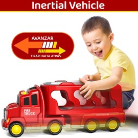 Camión de Juguete para Niño, 5 en 1 Camiones de Transporte de Inercia con 3 Mini Coches y 1 Avión, Juguete Coche de Bomberos con Luz y Sonidos, Regalo de Navidad, Cumpleaños, Car Toys de 3+ Años