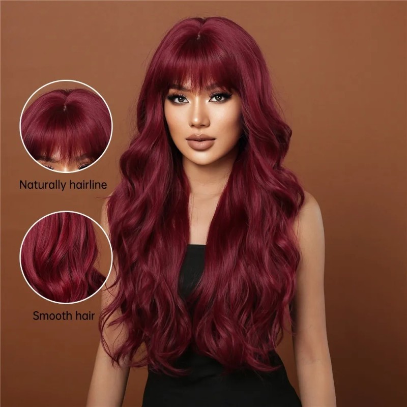 Peluca Rojo Para Mujer Larga Ondulada Flequillos Natural