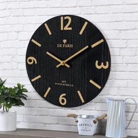 SwallowLiving - Reloj de pared de granja silencioso sin marcas – 12 pulgadas de cuarzo funciona con pilas, reloj redondo de madera negro, decoración del hogar para cocina, sala de estar, recámara, oficina