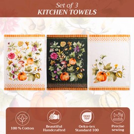 Maison d' Hermine Kitchen Towels Set of 3 100% Cotton 70 CM x 50 CM Reusable Cloth Tea Dish Towels Absorbent with Hanging Loop for Kitchen, Dining, Cocktail Parties (Pumpkin Garden - Cloudy Cream)