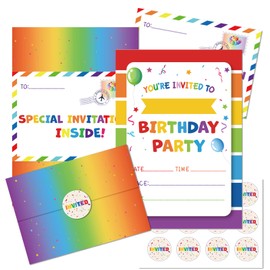 SEDEX 24 Party Invitations Kids, Childrens Girls Birthday Party Invitations Rainbow Invites Cards with Folding Envelope Design and Stickers