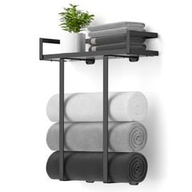 Towel Racks for Bathroom Wall Mounted, Xstydes Metal Towel Holder with Wooden Shelf for Folding Large Towels, Towel Storage for Small Bathroom Organizer Decor or RV Camping, Black