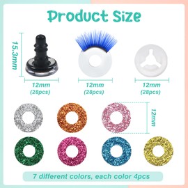TOAOB 28 Pieces 12 mm Doll Eyes Safety Eyes Plastic Craft Eyes Glitter Toy Eyes with Blue Eyelashes and Hard Disc for Crochet Animals Doll Puppet Plush Toy Teddy Eyes