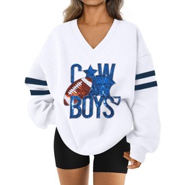 ASTANFY Game Day Sweatshirt Women Sequin Football Sweatshirts Vintage Sunday Funday Graphic Sweater Gameday Long Sleeve Shirts White