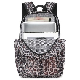 Xunteny Leopard Mesh Backpack for Girls Women, Semi-Transparent Kids School Backpack College Bookbag for Beach Gym Travel