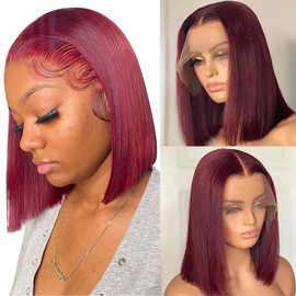Alipeacock 99j Burgundy Lace Front Wigs Human Hair Bob 13x4 Bob Wig Human Hair Pre Plucked with Baby Hair 200% Density Red Wine Short Straight Bob Wigs Dark Burgundy Bob Wig 10inch