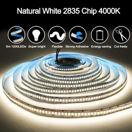 Tesfish 12 V LED Strip Light, Natural White, 4000 K, 5 m LED Strip, 2835, IP20, 240 LEDs/M, Total 1200 LEDs, Super Bright LED Strip, LED Strip for Bedroom, Kitchen Decoration