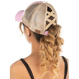 Criss Cross Hat Womens Baseball Cap Distressed Ponytail - Light Pink w/mesh