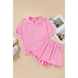 KevaMolly Women's 2 Piece Lounge Sets Casual Short Sleeve Outfits Half Zip Puff Sleeve Top and Ruffled Shorts Set Pink M