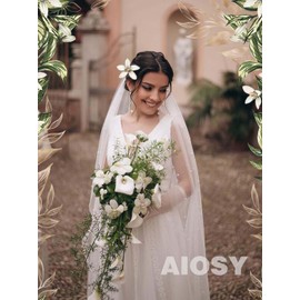 Aiosy Cathedral Wedding Veils Long Pearl Bride Veil with Comb 1 Tier White Lace Veils Brides Hair Accessories for Women