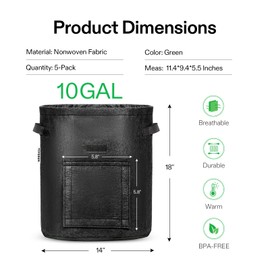 VIVOSUN 5-Pack 10 Gallon Potato Grow Bags for Growing Potatoes, Fabric Potato Pots with Handle and Roll-up Window, Potato Growing Containers Potato Planter Potato Planter for Growing Potatoes, Black
