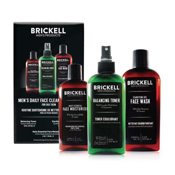 Brickell Men's Daily Face Cleanse Routine for Oily Skin, Alcohol Free Toner, Gel Facial Wash and Moisturizer, Natural and Organic, Scented