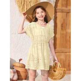 BesserBay Little Girl Summer Hollow Out V Neck Crochet Beach Dress Beige Breathable Mesh Quickly Dry Swimsuit Cover Up 5-6 Years