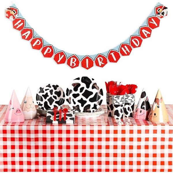 195-Piece Farm Animals Birthday Party Pack, Hats, Banner, Tablecloths (Serves 24)