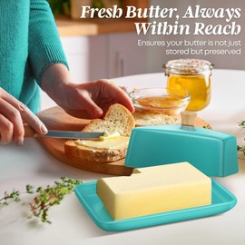 Flexzion Ceramic Blue European Butter Dish with Lid for Countertop (7 Inch) - Wide 2 Stick Double Butter Holder for Counter, Cream Cheese Container Storage Keeper