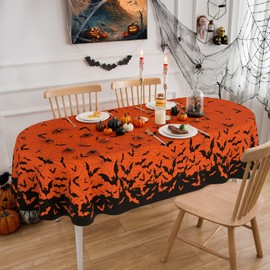 Orange Halloween Tablecloth Oval 60 x 84 Inch, Halloween Table Cloth Oval
