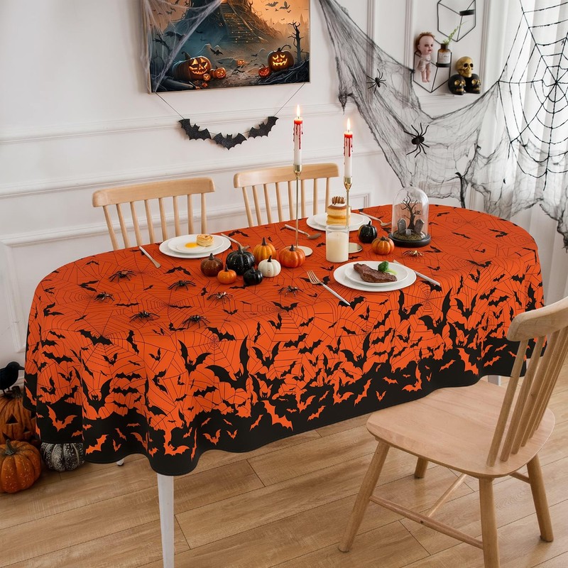 Orange Halloween Tablecloth Oval 60 x 84 Inch, Halloween Table