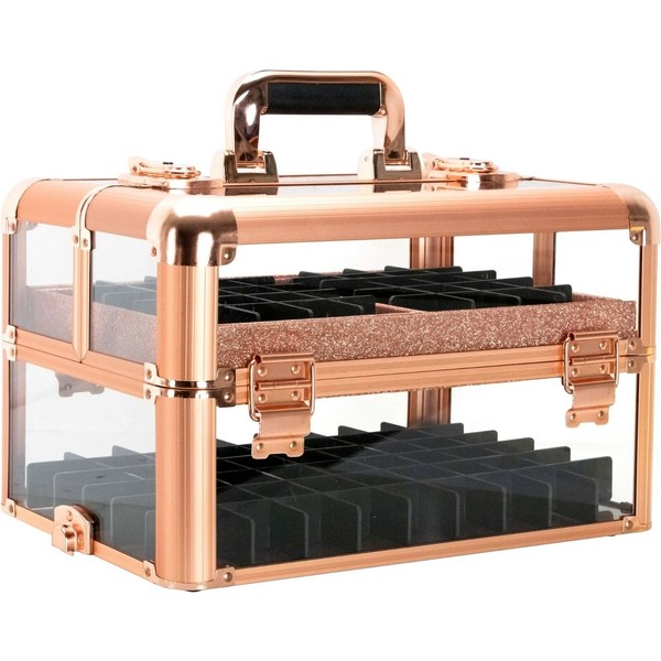 Rose Gold Nail Polish Manicure Organizer Storage Makeup Train Case Box Travel