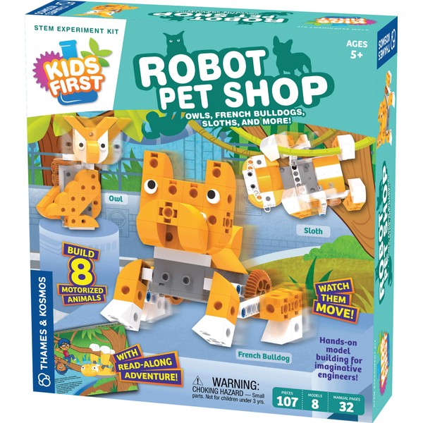 Thames & Kosmos Kids First Robot Pet Shop: Owls, French Bulldogs, Sloths & More! STEM Experiment Kit for Young Engineers | Build 8 Motorized Robots of Cute Animals | Play & Learn with Storybook Manual