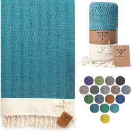 SMYRNA TURKISH COTTON - Herringbone Series Original Turkish Beach Towel | Cotton, Prewashed, 37 x 71 Inches | Peshtemal and Turkish Bath Towel for SPA, Beach, Pool, Gym and Bathroom (Turquoise)