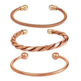 INDTRESOR Copper Magnetic Bracelet Tibetan Style. Hand Forged with Solid and high Gauge Pure Copper. Set of 3 Different Designs in Twisted Pipe Braided Wires Style.
