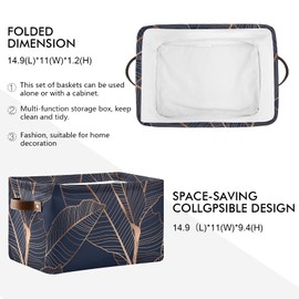 Large Foldable Storage Bin Gold Palm Leaves Navy Blue Fabric Storage Baskets Collapsible Decorative Baskets Organizing Basket Bin with PU Handles for Shelves Home Closet Bedroom Living Room-2Pack