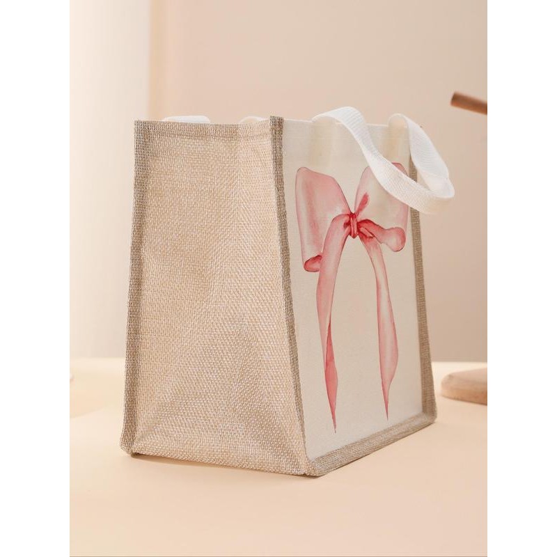 Bowknot Pattern White Lunch Bag, Portable Lunch Box Handbag, Large