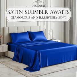 DECOLURE Satin Bed Sheets - 4 Piece Luxury Silky Queen Size Bedding Set - Softer Than Silk, Wrinkle-Free with 15” Deep Pocket Fitted Sheet, Perfect for Hair & Skin, Gifts for Women (Blue)