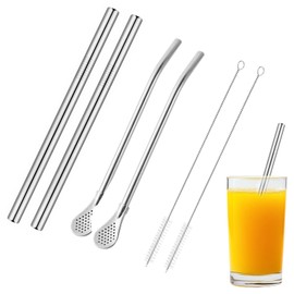 4 Pack Stainless Steel Straws with 2 Built-in Cleaning Brushes - Reusable Drinking Straws, Eco-Friendly Straws & Perfect for Stirring/Filtering Drinks​