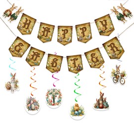 Sahunfri Easter Decorations Vintage Style Easter Banner, 19 Pcs Easter Hang Bunting Garland Decoration, Vivid Vintage Patterns Happy Easter Banner for Easter Party Decorations
