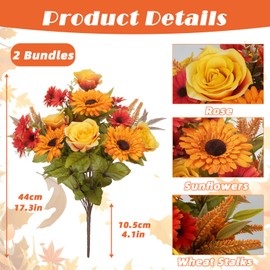 VirtuGro 2 Bundles Fall Flowers Artificial Sunflowers Flowers Bouquet with Fake Mums Silk Rose 17IN Orange Autumn Floral Arrangements for Cemetery Grave Home Table Centerpieces Thanksgiving Decor