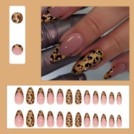 24Pcs Leopard Press on Nails French Tip Almond Fake Nails Gold Glitter Acrylic Nails Full Cover Gold Leopard Design Glue on Nails Medium Length False Nails for Women Girls Nail Art Decoration
