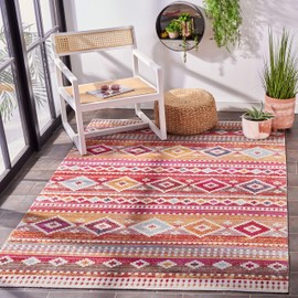 SAFAVIEH Washable Rug Outdoor Montage Collection - 9' x 12', Red & Fuchsia, Non-Shedding & Easy to Clean, Ideal for Patio, Backyard, Mudroom (MTG272Q)