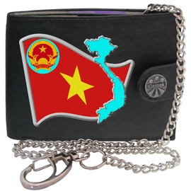 Klassek Vietnam Flag Vietnamese Map and Coat of Arms COA Mens Wallet with Chain Real Leather RFID Blocking with Coin Pocket and Metal Gift Box