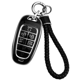 JOYEAR Keychain with Key Fob Cover Compatible with Hyundai 2019 2020 2021 2022 Sonata Nexo Santa Fe Tucson 7-Buttons(Silver-Black)