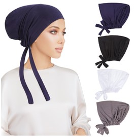 PHOGARY Women's Undercap Hijab, Islamic Muslim Underscarf Hijab Cap with Tie Back Closure Solid Colour Under Scarf Hijab Hat Turban Headwear Chemo Headscarf Sleep Hat, Black, white, grey, dark blue