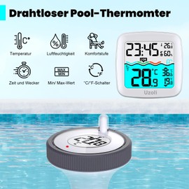 Uzoli Pool Thermometer Floating Wireless with Pool Sensor Water Temperature Indoor Temperature LCD Display Comfort Level Time Alarm Clock IPX7 Thermometer for Pool Swimming Pool Pond - EM3385