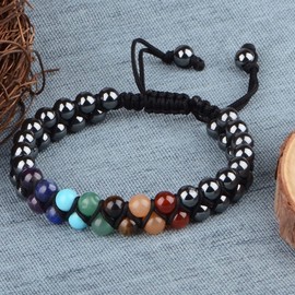MASSIVE BEADS Natural Chakra Healing Power Crystals Macrame Bracelet Yoga Double Layer Stone Beads Gemstone Meditation Relax Anxiety Bangle for Unisex Women Men (7-Chakras&Hematite, 6mm)