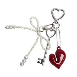 Bow Key Ring Beads Red Heart Key Chain Women's Bag Charms Key Chain Bag Pendant Cute Keychain Aesthetic Backpack Pendant for Bags Car Key Pendant