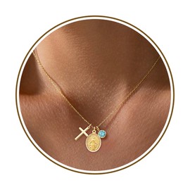 Btysun December Birthday Gifts for Women Gold Cross Necklace Gifts for Christians Stocking Stuffer Ideas Birthstone Necklace with Virgin Mary Religious Baptism Gift Confirmation Catholic Jewelry