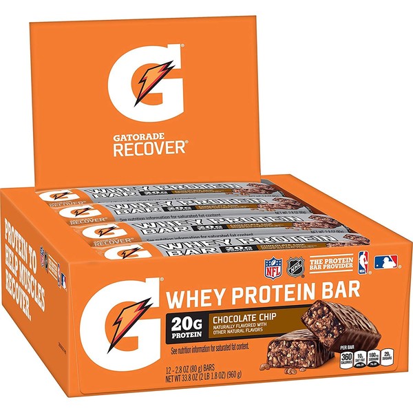 Gatorade Whey Protein Recover Bar, Chocolate Chip, 2.8 Ounce Bars (12 Count)