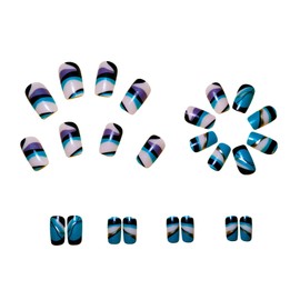 Green Stripe Press on Nails Fake Nails Short Square Coffin,Aqinmony with Designs False Nails Short Square Coffin, French Tip Full Cover Glue on Nails, Glossy Acrylic Thick Stick on Nails For Women 24Pcs Y274