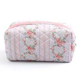 Large Capacity Cosmetic Bag, Travel Makeup Bag, Makeup Brush Holder Pouch, Floral Make Up Organizer Bag with Zipper, Quilted Toiletry Bag, Skincare Storage Bag for Women, Blue, 1pcs