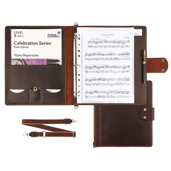 Handmade Leather Sheet Music Folder, 3-Ring Choir Binder with Clear
