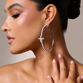 Large Rhinestone Hoop Earrings for Women - Sparkly Four Clover Statement Earring Big Silver Hoop Earrings for Women Trendy Wedding Jewelry Gifts