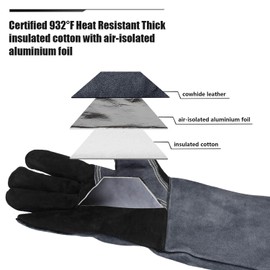 OZERO 932℉ Grill BBQ Gloves 16-inch Heat Resistant Leather Forge Welding Glove with Flame Retardant Long Sleeve and Insulated Lining for Men and Women Black-gray