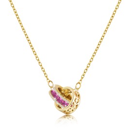 Linawe Interlocking Circle Pendant Gold Necklace for Women, Hot Pink Moissanite Imitation Diamond Crystal Rhinestone Birthstone Necklaces, Hypoallergenic Stainless Steel Chain