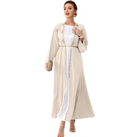 IDOPIP Muslim Abayas for Women Long Sleeve Open Front Cardigan with Belt Rhinestone Applique Maxi Kaftan Dress Islamic Dubai Robe Middle East Loose Full Cover Ramadan Prayer Clothes Champagne XXL