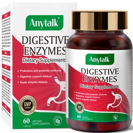ANYTALK Digestive Enzymes - with Probiotics & Prebiotics Organic Super Enzymes, Indigestion Bloating Relief, Digestion Enzyme Supplements Gut Health for Women Men, 60 Capsules