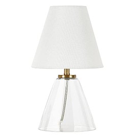 Henn&Hart 13.62" Tall Mini Lamp with Fabric Shade in Clear Glass/White, for Home, Living Room, Bedroom, Entertainment Room, Office, Kitchen, Dining